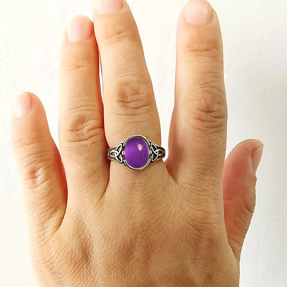 Oval Natural Purple Amethyst Quartz Stone Ring,Retro Vintage Antique S925 Sterling Silver Punk Gothic Cocktail Party Real Crystal Quartz Gemstone Ring Jewelry for Women (A07_Purple Amethyst Quartz, 8)