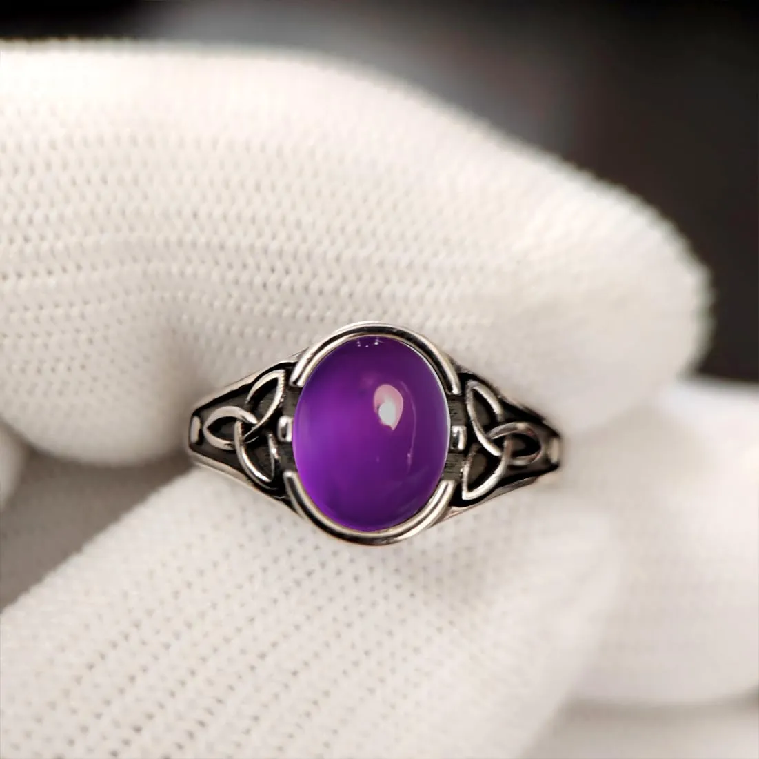 Oval Natural Purple Amethyst Quartz Stone Ring,Retro Vintage Antique S925 Sterling Silver Punk Gothic Cocktail Party Real Crystal Quartz Gemstone Ring Jewelry for Women (A07_Purple Amethyst Quartz, 8)