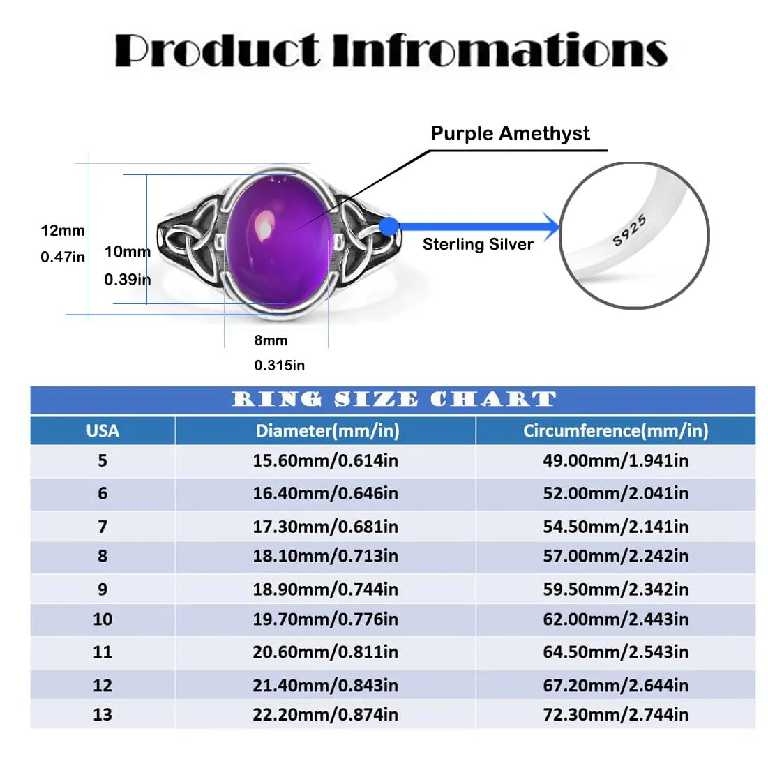 Oval Natural Purple Amethyst Quartz Stone Ring,Retro Vintage Antique S925 Sterling Silver Punk Gothic Cocktail Party Real Crystal Quartz Gemstone Ring Jewelry for Women (A07_Purple Amethyst Quartz, 8)