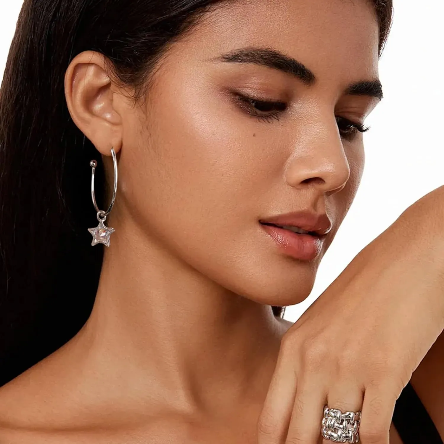 Pasuot Gold Silver Hoop Earrings for Women 14K Gold Plated Hypoallergenic Hoop Earrings Set Hypoallergenic Earring Lightweight Dangle Heart Star Cubic Zirconia