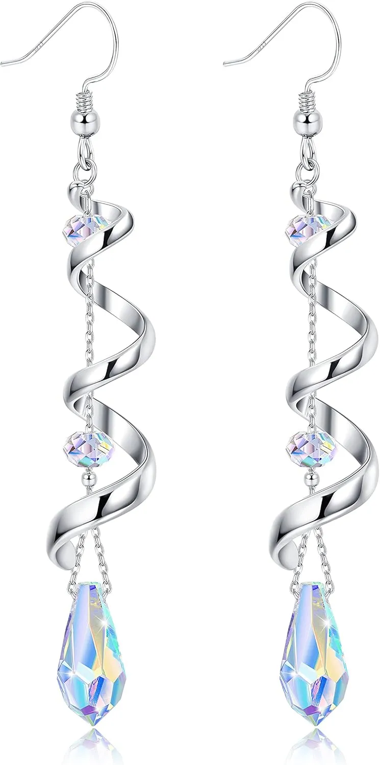 PATISORNA 925 Sterling Silver Earrings Dangle Earrings for Women|Spiral Multi Crystal Drop Earrings|iridescent Statement Earrings Jewelry Gifts for Her