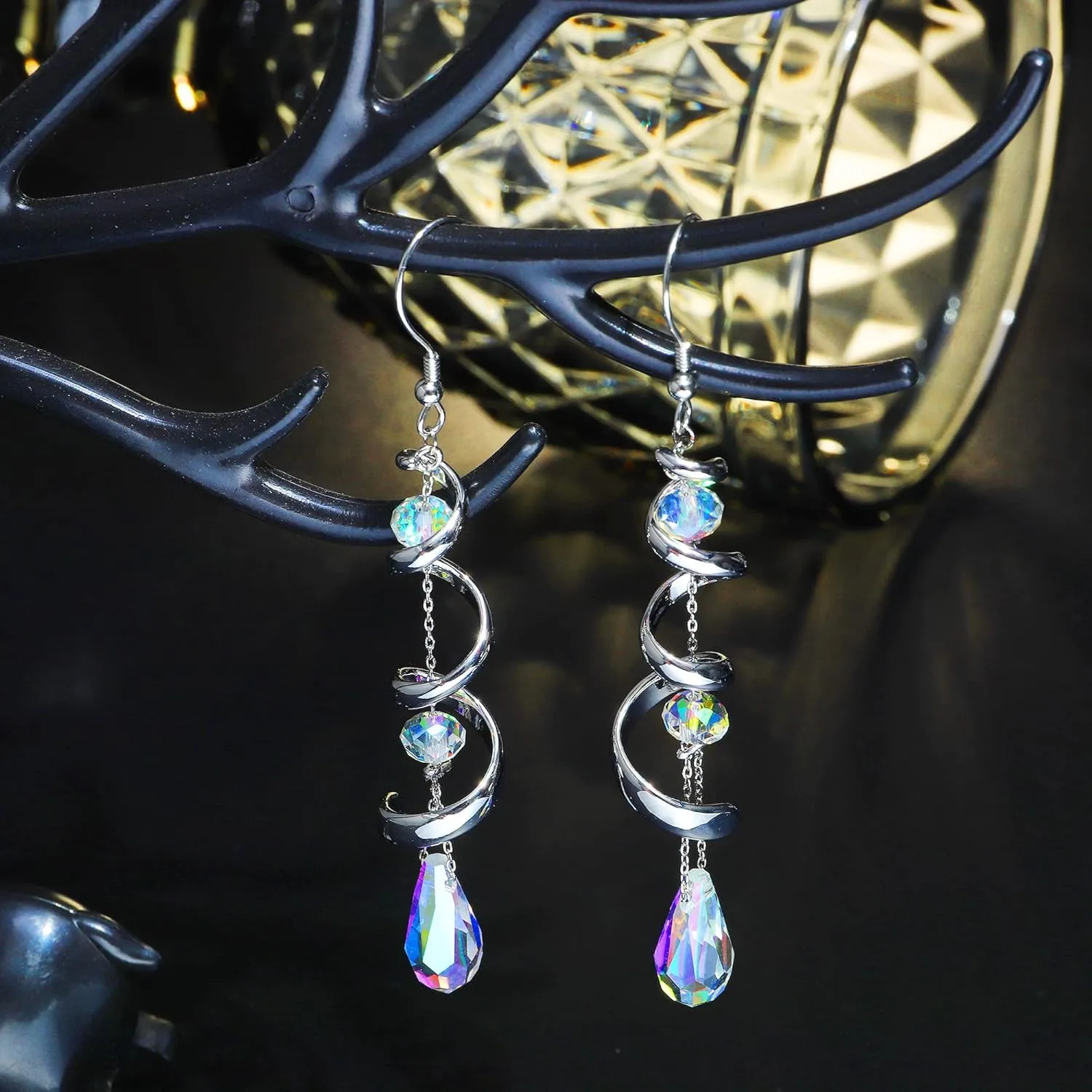 PATISORNA 925 Sterling Silver Earrings Dangle Earrings for Women|Spiral Multi Crystal Drop Earrings|iridescent Statement Earrings Jewelry Gifts for Her