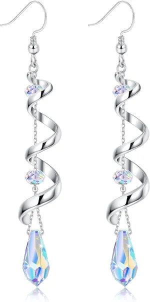 PATISORNA 925 Sterling Silver Earrings Dangle Earrings for Women|Spiral Multi Crystal Drop Earrings|iridescent Statement Earrings Jewelry Gifts for Her