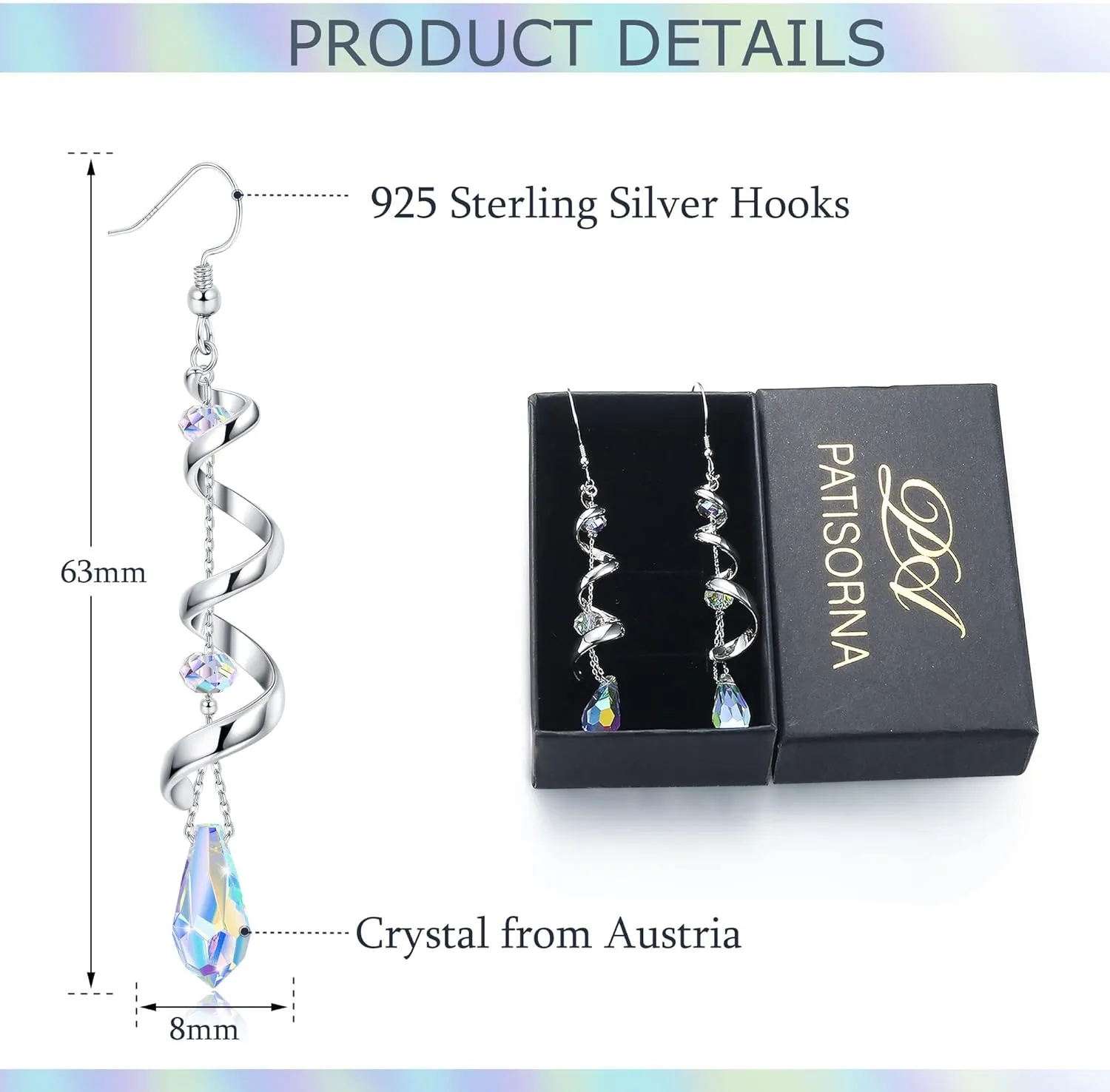 PATISORNA 925 Sterling Silver Earrings Dangle Earrings for Women|Spiral Multi Crystal Drop Earrings|iridescent Statement Earrings Jewelry Gifts for Her