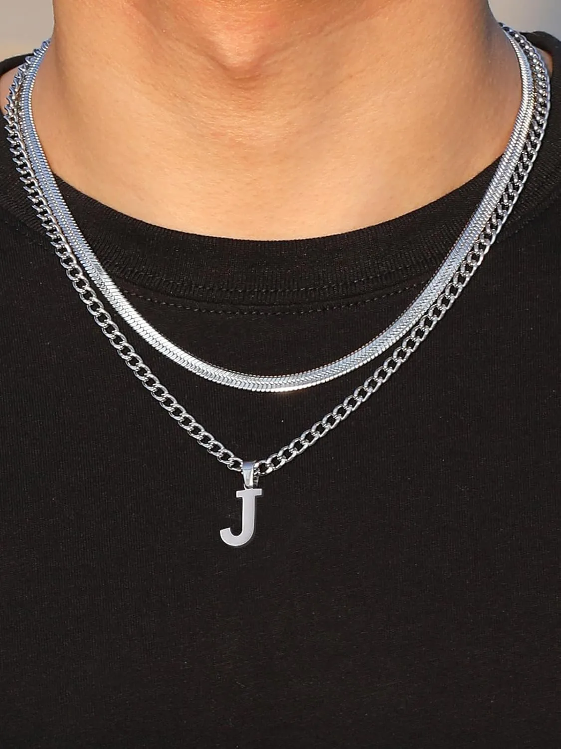 P.BLAKE Layered Initial A-Z Pendant Necklaces Graduation Gifts for Men Boys, Stainless Steel Letter Cuban Link Herringbone Chain Fashion Jewelry Gifts