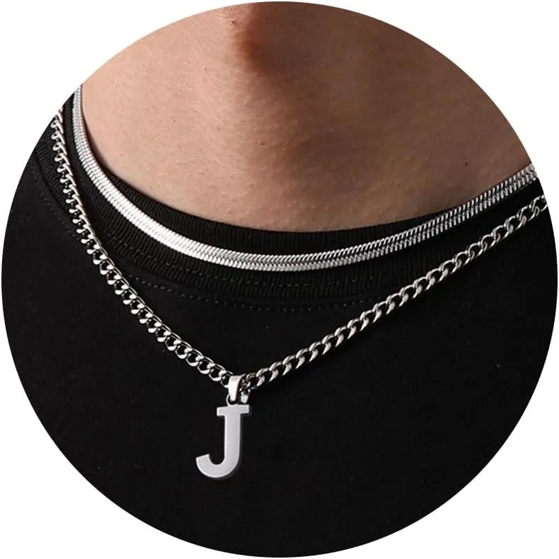 P.BLAKE Layered Initial A-Z Pendant Necklaces Graduation Gifts for Men Boys, Stainless Steel Letter Cuban Link Herringbone Chain Fashion Jewelry Gifts