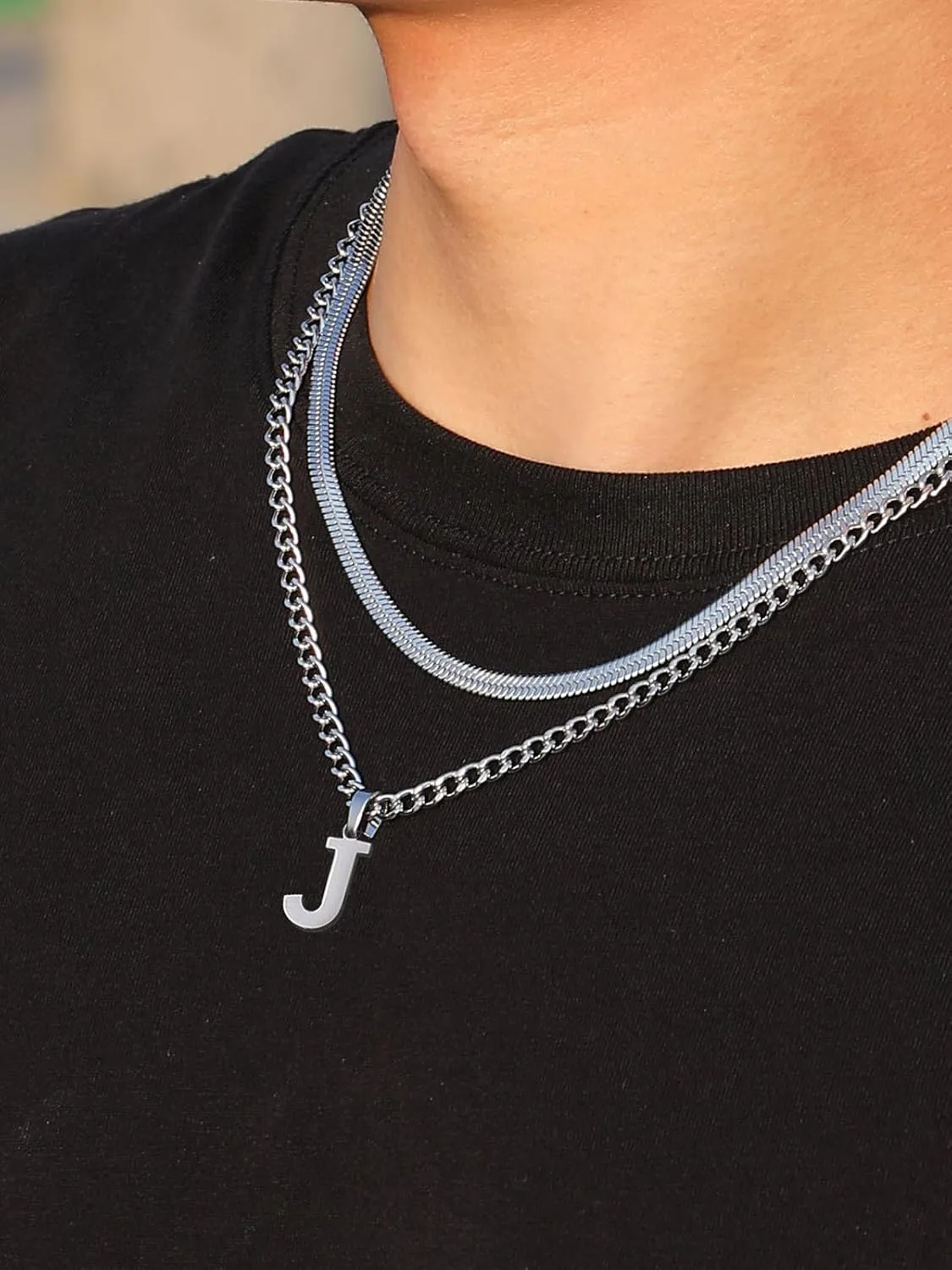 P.BLAKE Layered Initial A-Z Pendant Necklaces Graduation Gifts for Men Boys, Stainless Steel Letter Cuban Link Herringbone Chain Fashion Jewelry Gifts