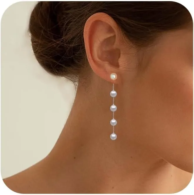 Pearl Earrings for Women Dangling 14K Gold Plated Pearl Drop Earrings, 5mm White Pearl Long Tassel Dangle Statement Earrings, Bridal Wedding Dainty Prom Birthday Valentines Gift for Her