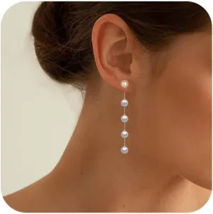 Pearl Earrings for Women Dangling 14K Gold Plated Pearl Drop Earrings, 5mm White Pearl Long Tassel Dangle Statement Earrings, Bridal Wedding Dainty Prom Birthday Valentines Gift for Her