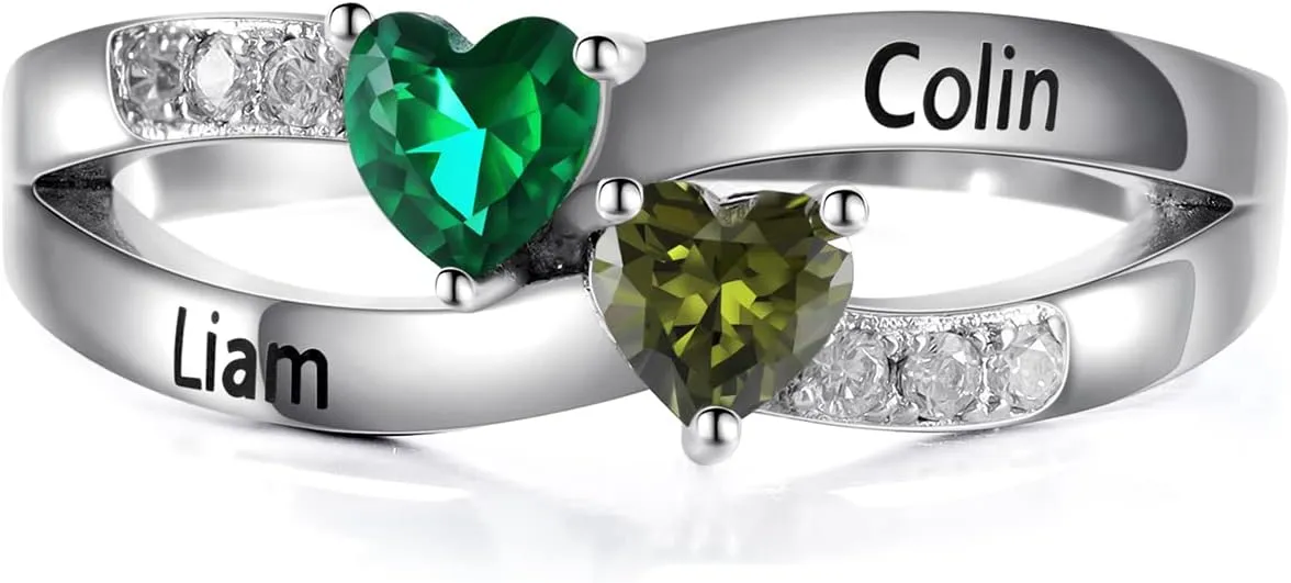 Personalized Birthstone Name Rings for Women Custom Mother's Rings with 2 Birthstones for Mother Daughter Couples Promise Rings for Her