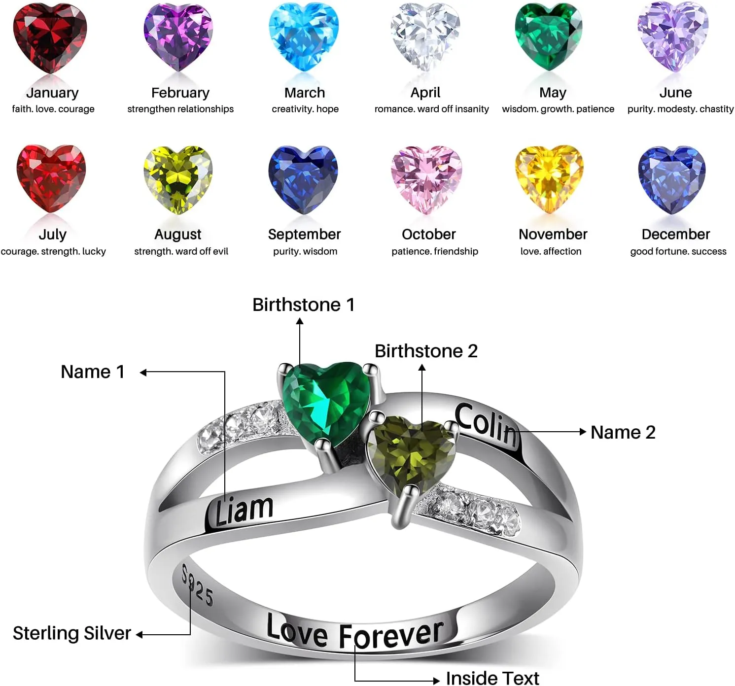 Personalized Birthstone Name Rings for Women Custom Mother's Rings with 2 Birthstones for Mother Daughter Couples Promise Rings for Her