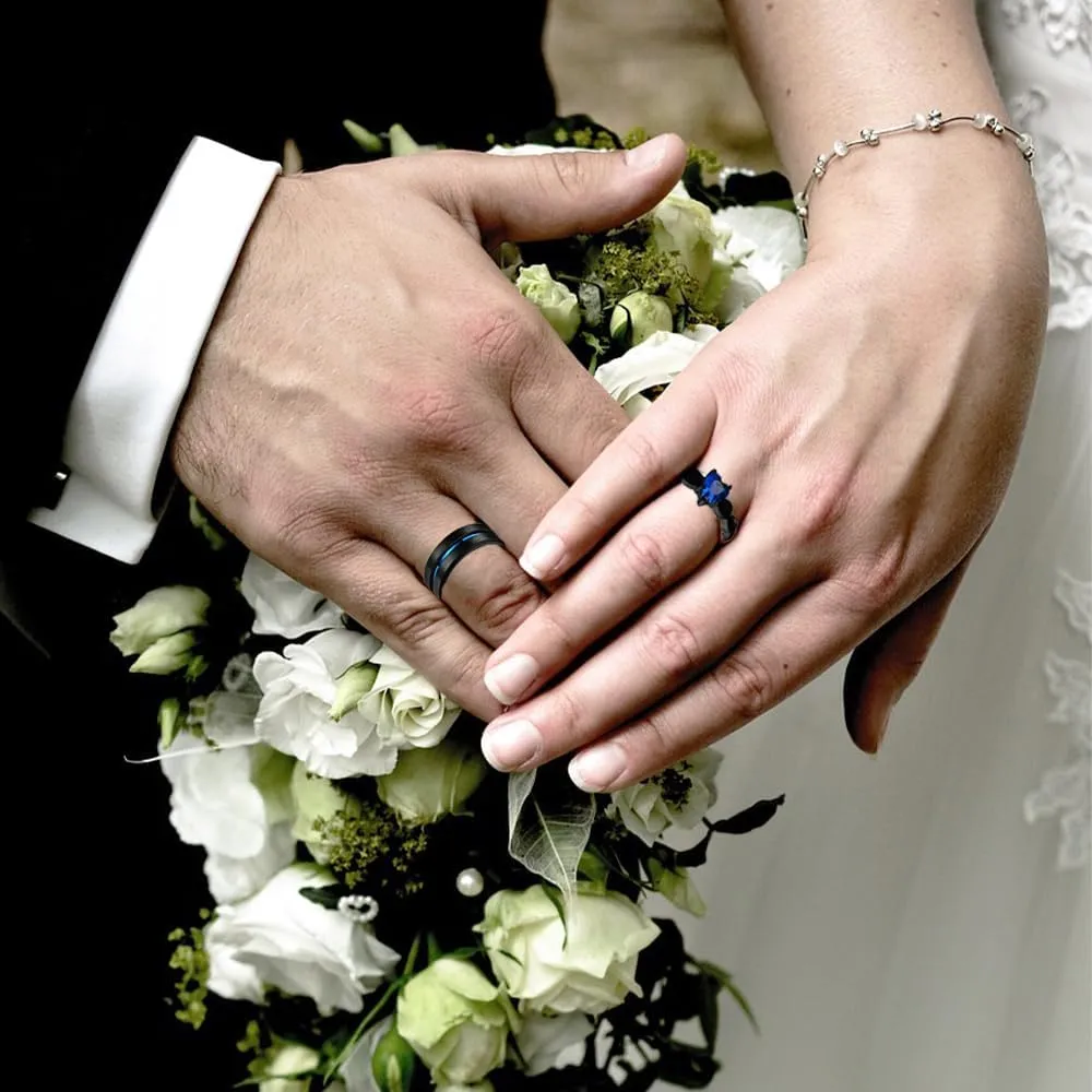 Personalized Black and Blue Wedding Rings Set for Him and Her Matching Promise Rings for Couples Engraved Name Rings for Couples Womens Blue Sapphire & Cubic Zirconia Ring