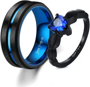 Personalized Black and Blue Wedding Rings Set for Him and Her Matching Promise Rings for Couples Engraved Name Rings for Couples Womens Blue Sapphire & Cubic Zirconia Ring