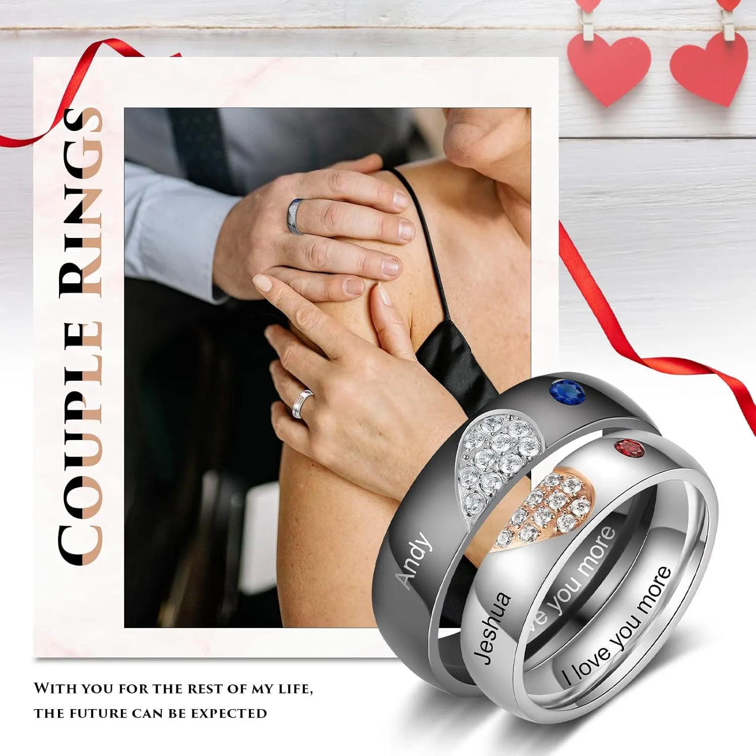 Personalized Couples Rings Set for Him and Her Promise Rings for Couples Free Engraving Custom Name Stainless Steel Engagement Rings for Couples Valentines Day