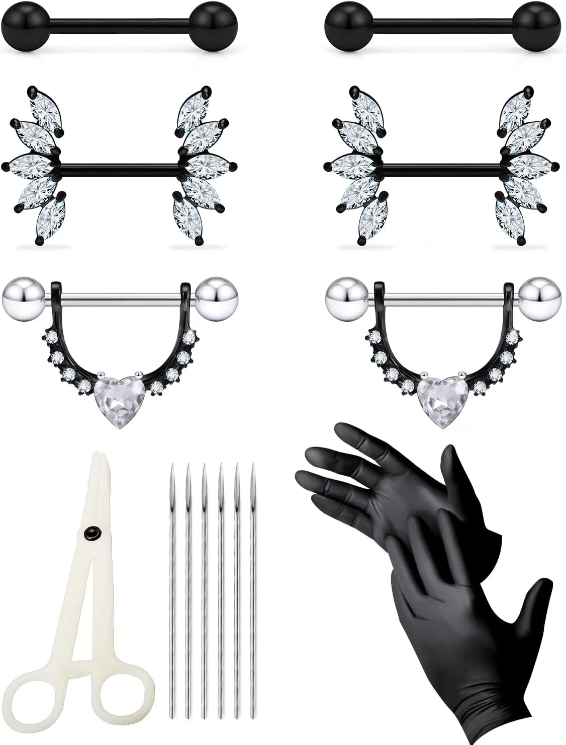 Piercing Kit Nipple Jewelry kit 14G Surgical Stainless Steel Nipple/Tongue Piercing Jewelry Set 14 Gauge Piercing Needles CZ Silver Black Nipple Tongue Ring for Women Men Body Piercing Kits