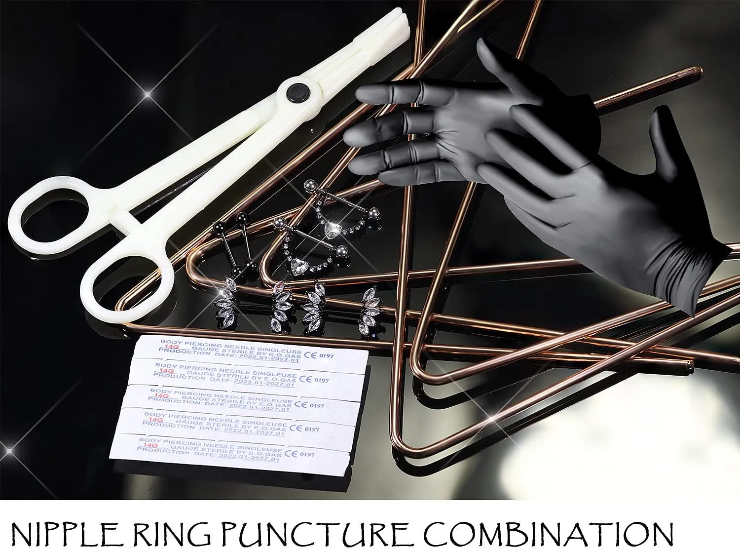 Piercing Kit Nipple Jewelry kit 14G Surgical Stainless Steel Nipple/Tongue Piercing Jewelry Set 14 Gauge Piercing Needles CZ Silver Black Nipple Tongue Ring for Women Men Body Piercing Kits