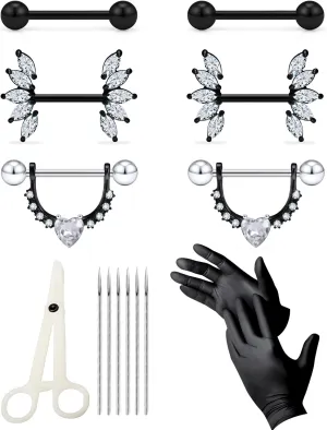 Piercing Kit Nipple Jewelry kit 14G Surgical Stainless Steel Nipple/Tongue Piercing Jewelry Set 14 Gauge Piercing Needles CZ Silver Black Nipple Tongue Ring for Women Men Body Piercing Kits