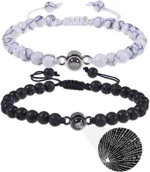 Pingyongchang 2Pcs Natural Stone Bracelets 100 Languages I Love You Bracelets Graduation Gifts,Couple's Memorial Gifts for Boyfriend,Girlfriend,My Love-Black and Pink