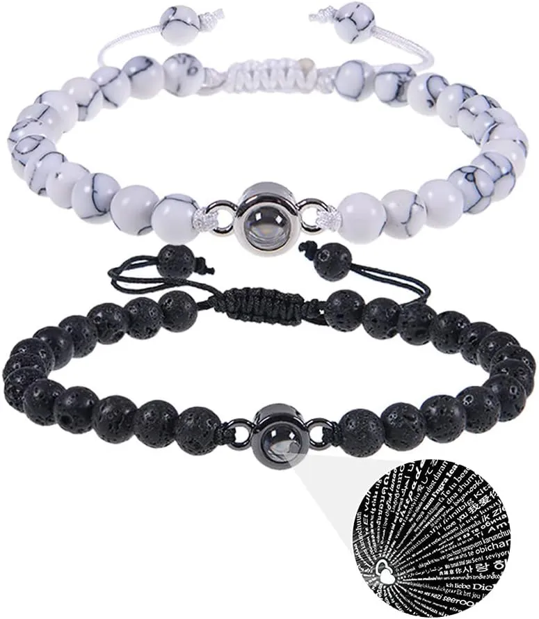 Pingyongchang 2Pcs Natural Stone Bracelets 100 Languages I Love You Bracelets Graduation Gifts,Couple's Memorial Gifts for Boyfriend,Girlfriend,My Love-Black and Pink