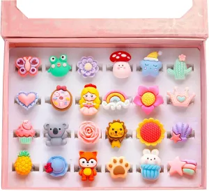 PinkSheep Little Girl Jewel Rings in Box, Adjustable, No Duplication, Girl Pretend Play and Dress Up Rings (24 Surface Ring)