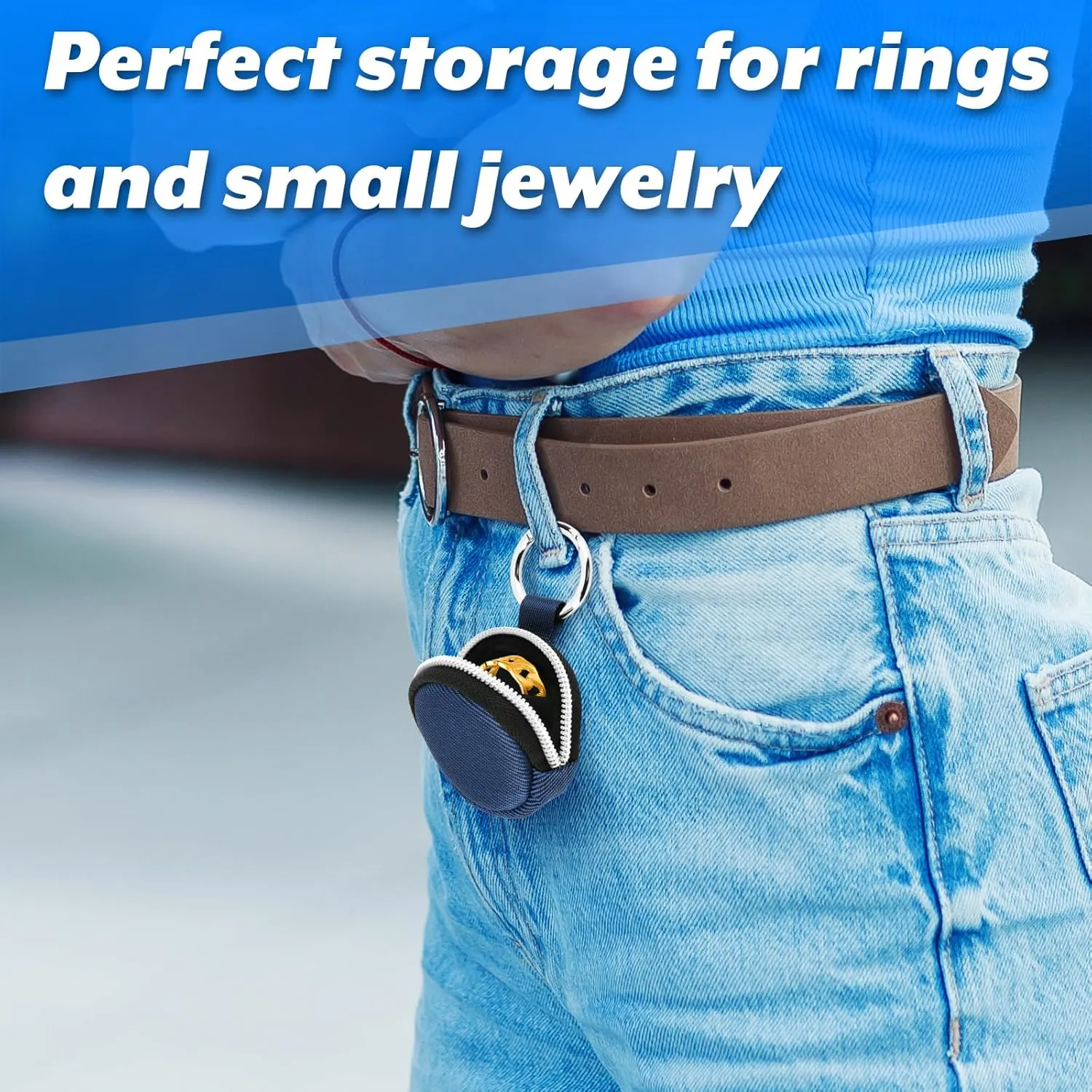 Portable Ring Organizer Case with Keychain, Traveling Ring Holder Storage Bag, Anti-Lost Keychain Container for Rings, Jewelry (1, Dark Blue)