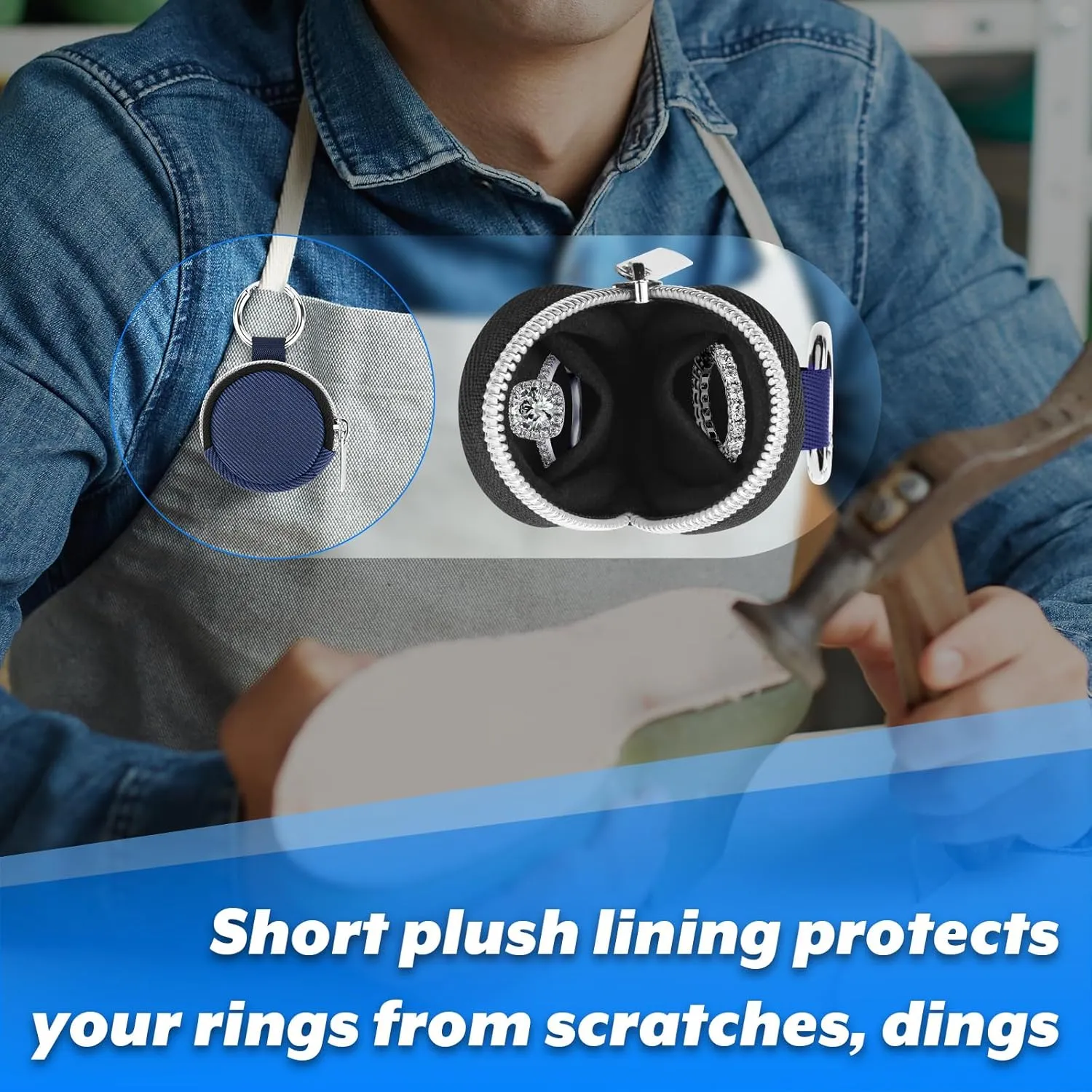 Portable Ring Organizer Case with Keychain, Traveling Ring Holder Storage Bag, Anti-Lost Keychain Container for Rings, Jewelry (1, Dark Blue)