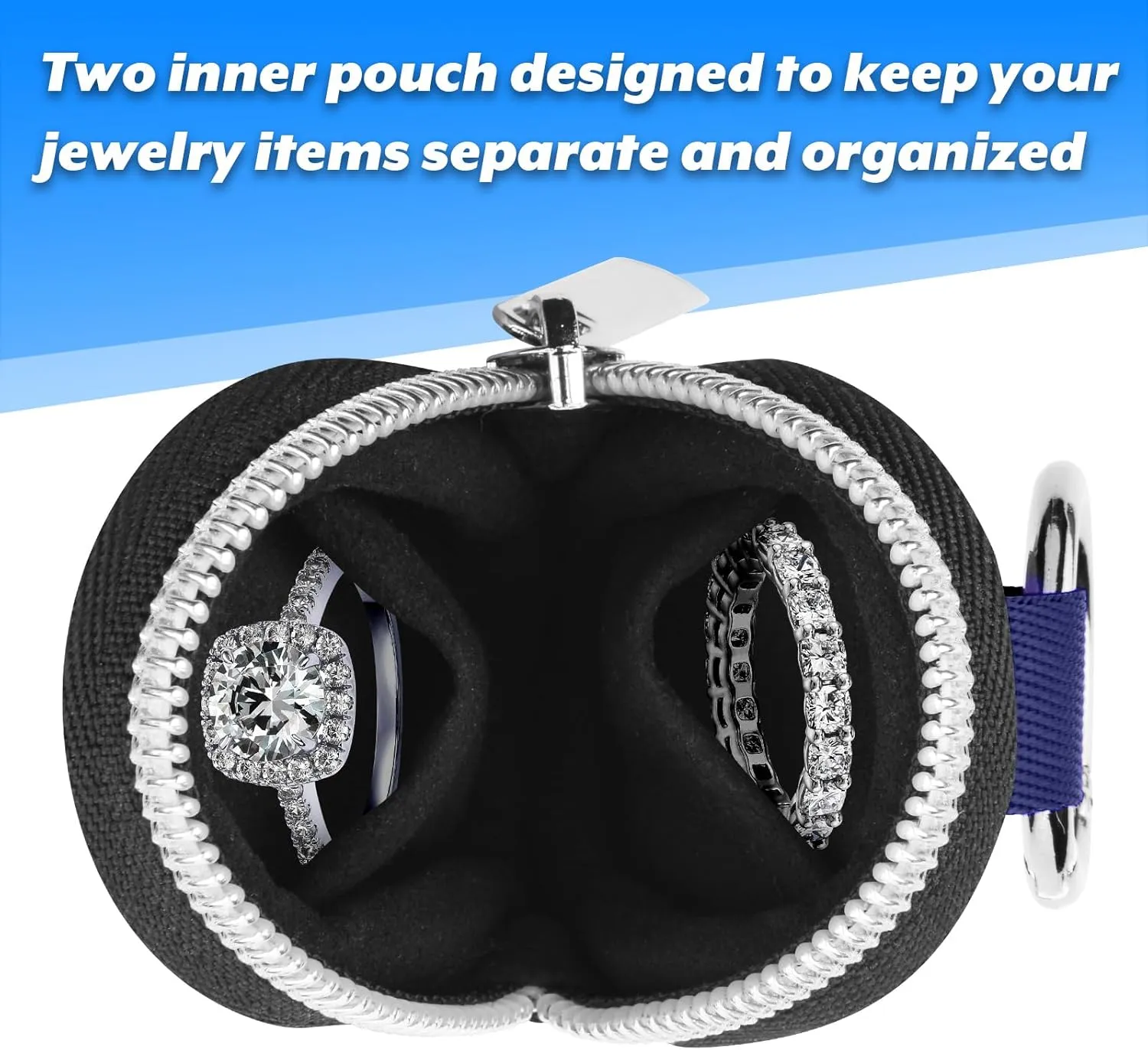 Portable Ring Organizer Case with Keychain, Traveling Ring Holder Storage Bag, Anti-Lost Keychain Container for Rings, Jewelry (1, Dark Blue)