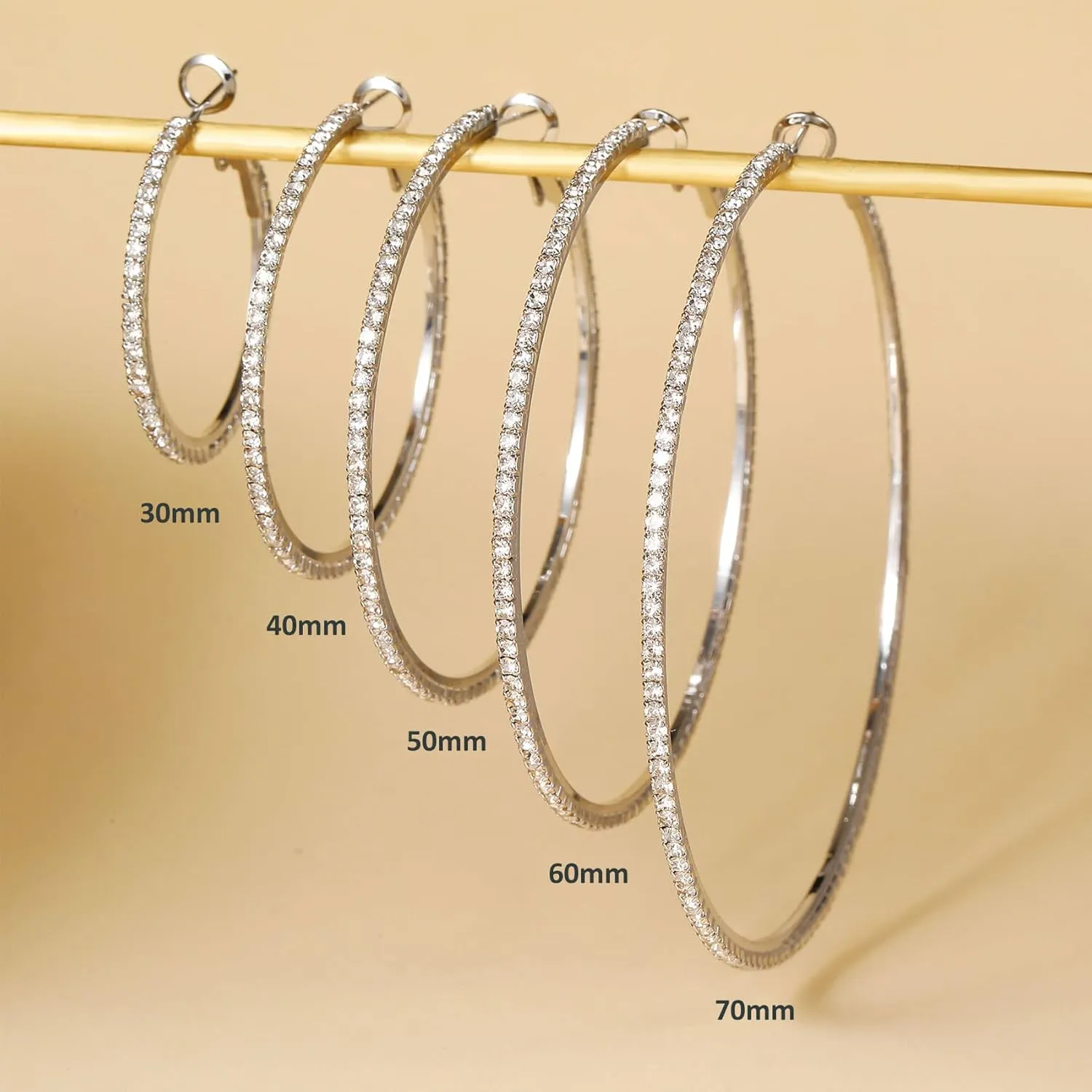 PRETOLE 925 Sterling Silver Hoop Earrings Rhinestone Large Silver Hoop Earrings Oval Big Hoops Earrings for Women Lightweight Hypoallergenic Extra Large Silver Hoops Earrings for Women (50/60/70MM)