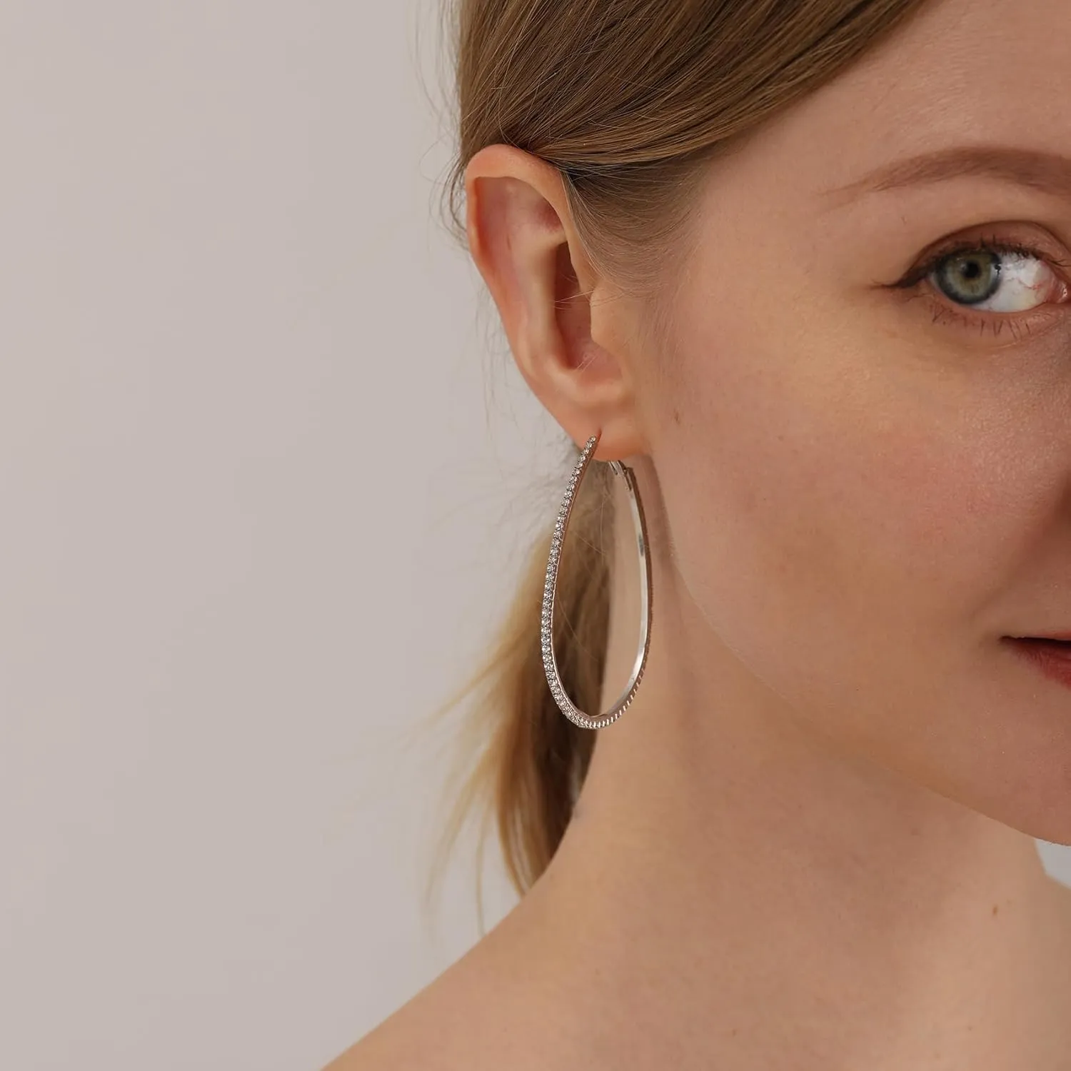 PRETOLE 925 Sterling Silver Hoop Earrings Rhinestone Large Silver Hoop Earrings Oval Big Hoops Earrings for Women Lightweight Hypoallergenic Extra Large Silver Hoops Earrings for Women (50/60/70MM)
