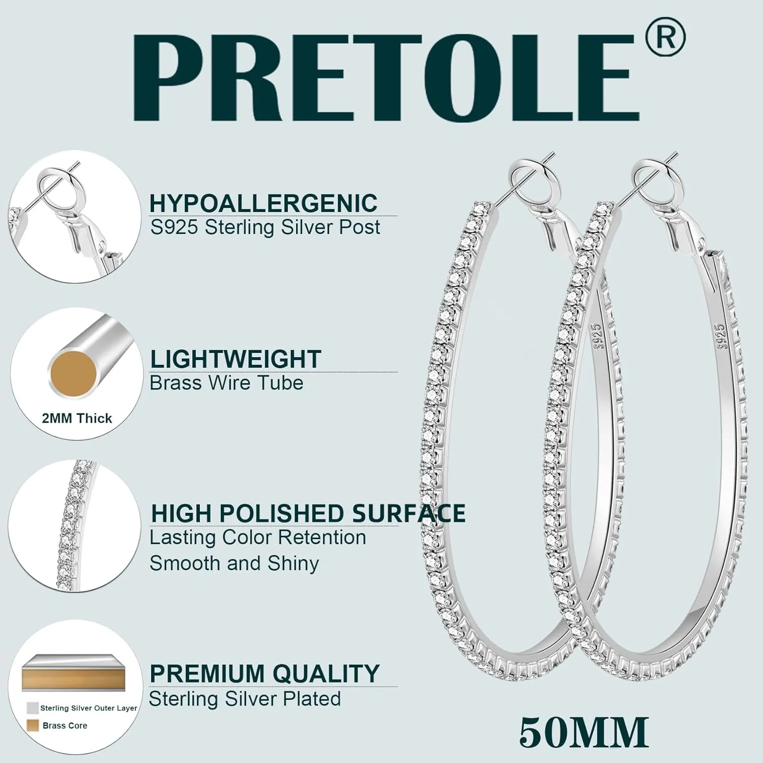 PRETOLE 925 Sterling Silver Hoop Earrings Rhinestone Large Silver Hoop Earrings Oval Big Hoops Earrings for Women Lightweight Hypoallergenic Extra Large Silver Hoops Earrings for Women (50/60/70MM)