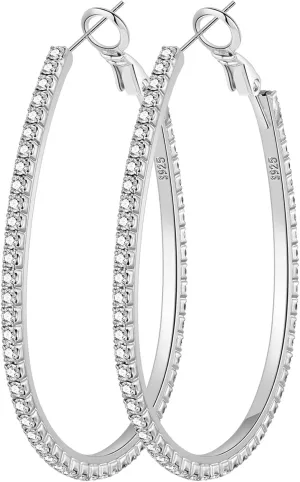 PRETOLE 925 Sterling Silver Hoop Earrings Rhinestone Large Silver Hoop Earrings Oval Big Hoops Earrings for Women Lightweight Hypoallergenic Extra Large Silver Hoops Earrings for Women (50/60/70MM)