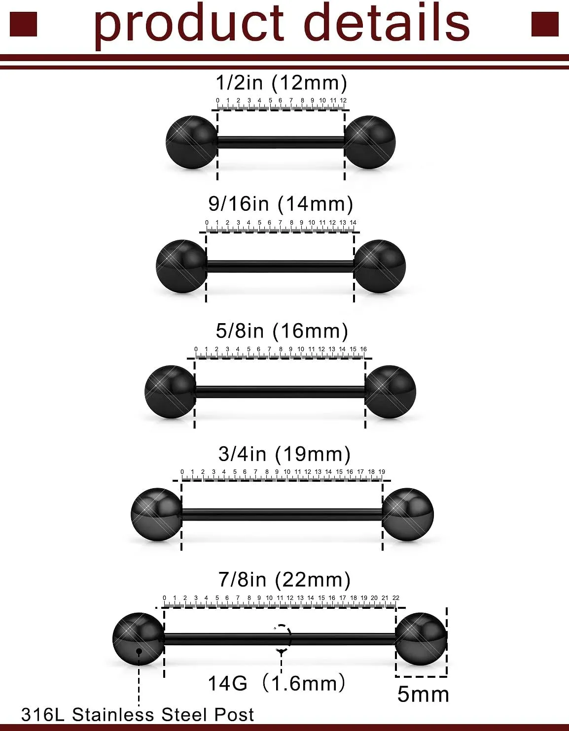 Prjndjw 14G Surgical Steel Straight Barbell - Tongue & Nipple Rings for Women & Men - Length 12MM, 14MM, 16MM, 18MM, 22mm - Piercing Jewelry