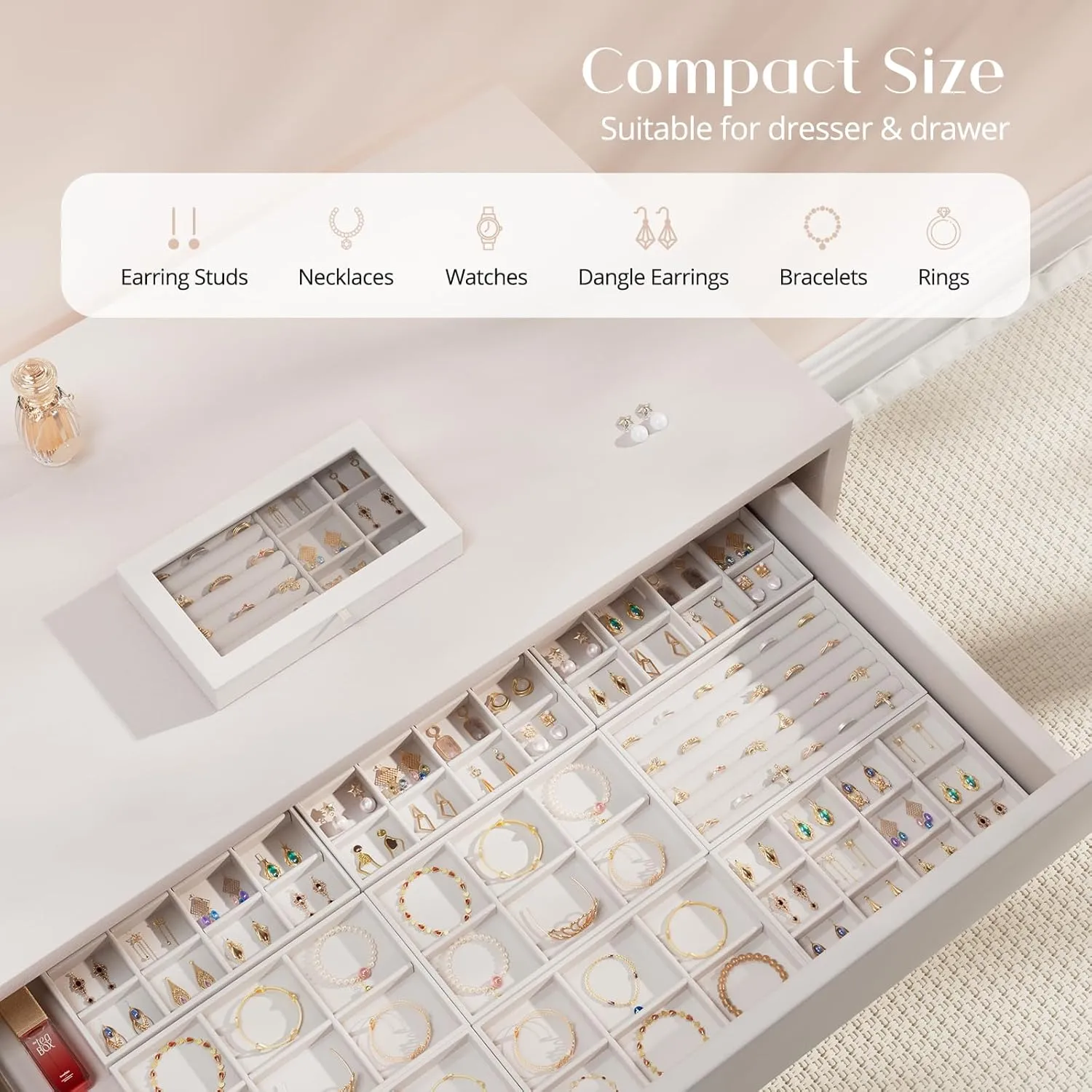 ProCase Jewelry Organizer Tray Jewelry Storage Box, Stackable Velvet Jewelry Drawer Organizer Inserts Earring Holder for Stud Earring Necklace Rings Bracelet -Grey, 10 Layers, Small