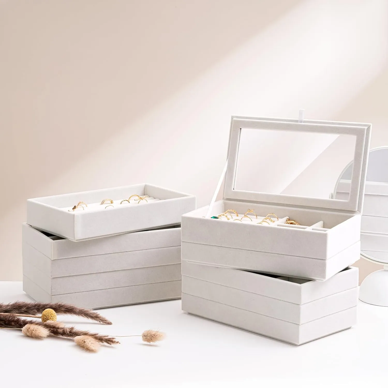ProCase Jewelry Organizer Tray Jewelry Storage Box, Stackable Velvet Jewelry Drawer Organizer Inserts Earring Holder for Stud Earring Necklace Rings Bracelet -Grey, 10 Layers, Small