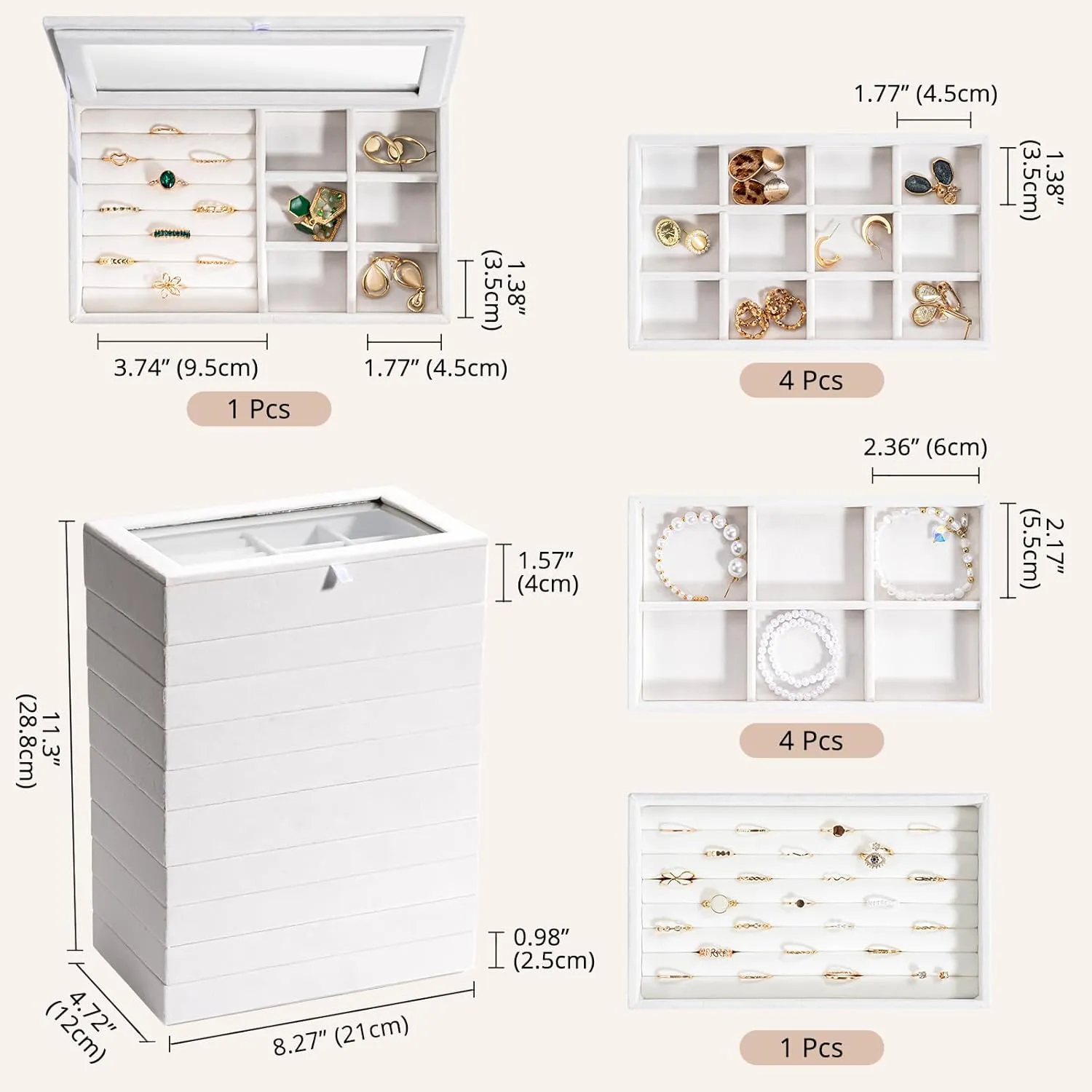 ProCase Jewelry Organizer Tray Jewelry Storage Box, Stackable Velvet Jewelry Drawer Organizer Inserts Earring Holder for Stud Earring Necklace Rings Bracelet -Grey, 10 Layers, Small