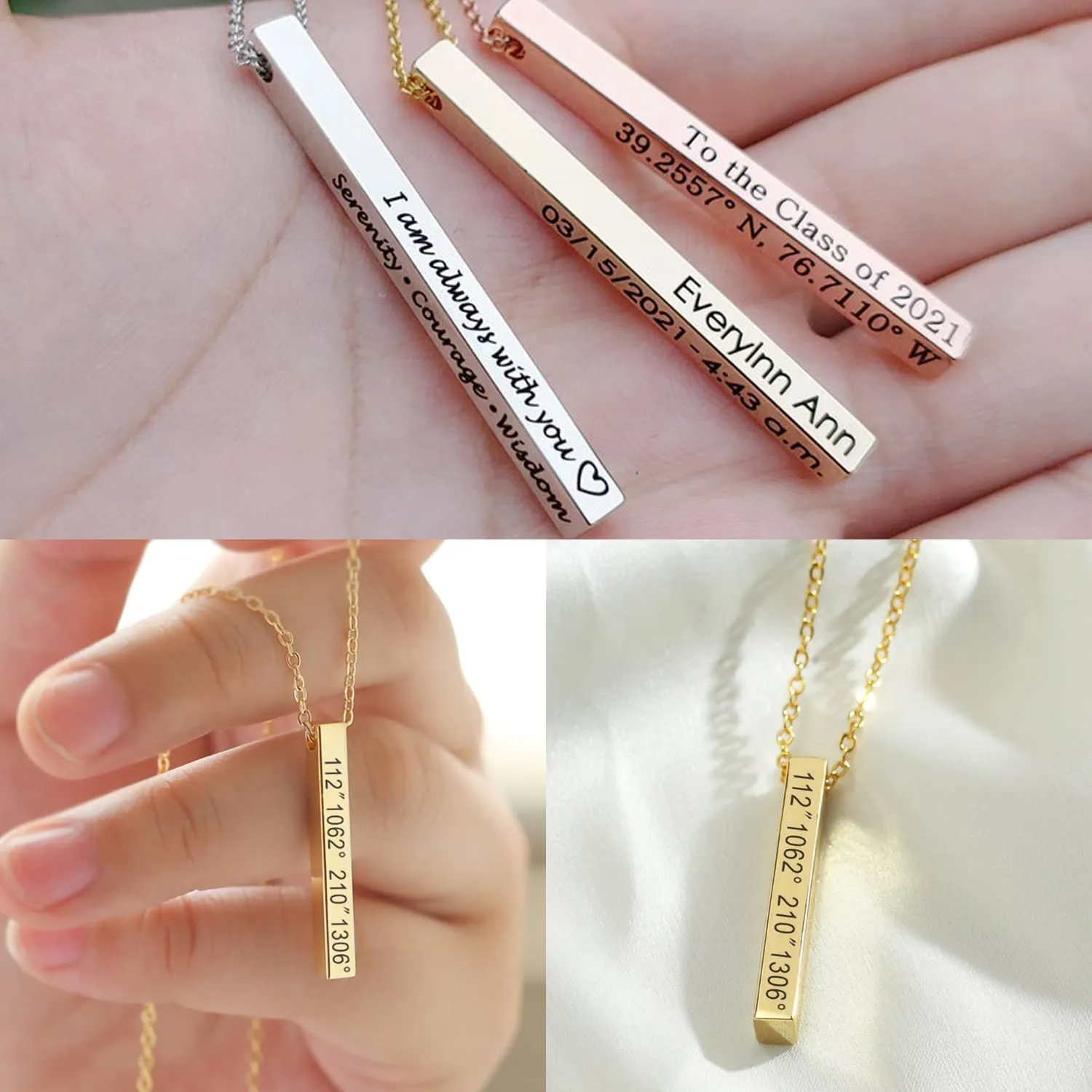 ProJewelry 18K Gold Plated Engraved 4 Sides Bar Necklaces,Custom Necklace with Name/Date/Coordinates Customized Kids Name Necklace Personalized Mothers Day Birthday Gifts for Women