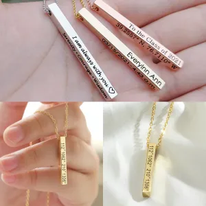 ProJewelry 18K Gold Plated Engraved 4 Sides Bar Necklaces,Custom Necklace with Name/Date/Coordinates Customized Kids Name Necklace Personalized Mothers Day Birthday Gifts for Women