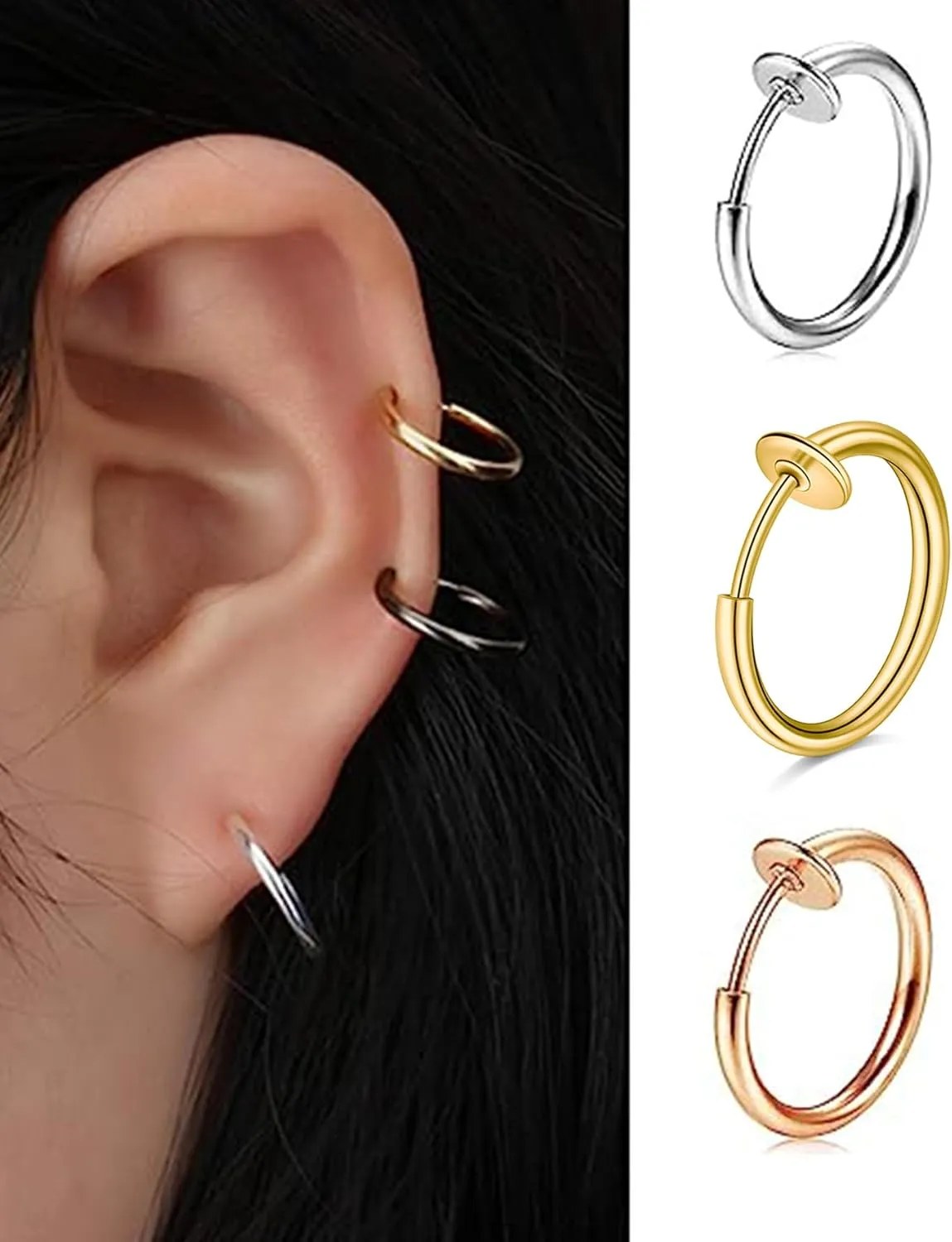 QWALIT Fake Nose Ring Fake Lip Piercing Fake Lip Ring Fake Nose Ring Hoop Fake Snake Bites Fake Lip Piercings Faux Lip Rings Fake Nose Piercing Clip on Nose Ring Spring