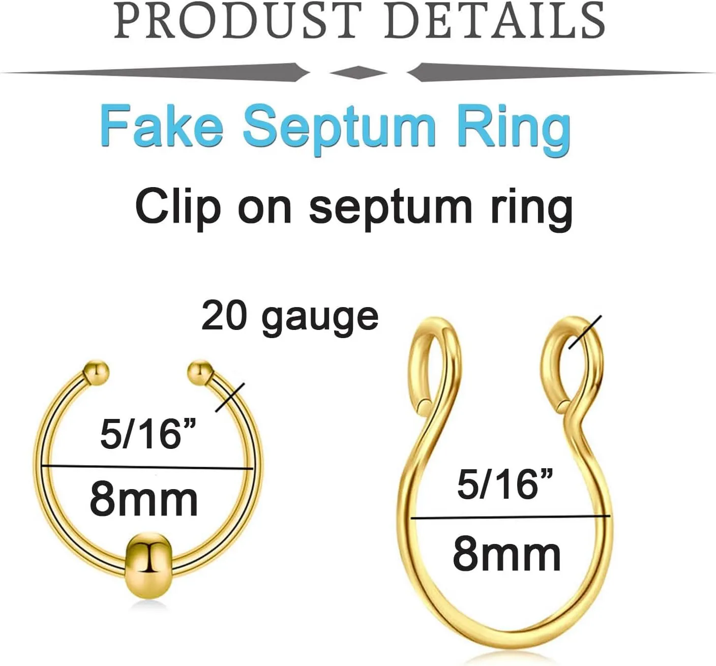 QWALIT Fake Nose Rings & Septum Piercings - Clip On, Non-Piercing, Faux Nose Rings & Hoops for Women & Men