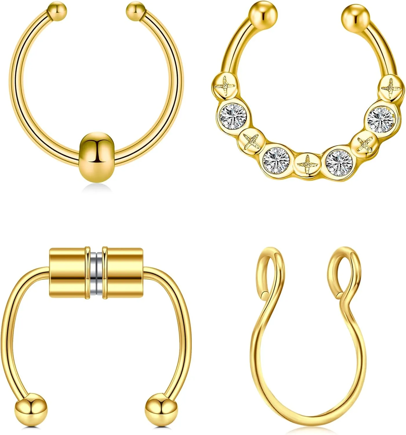 QWALIT Fake Nose Rings & Septum Piercings - Clip On, Non-Piercing, Faux Nose Rings & Hoops for Women & Men