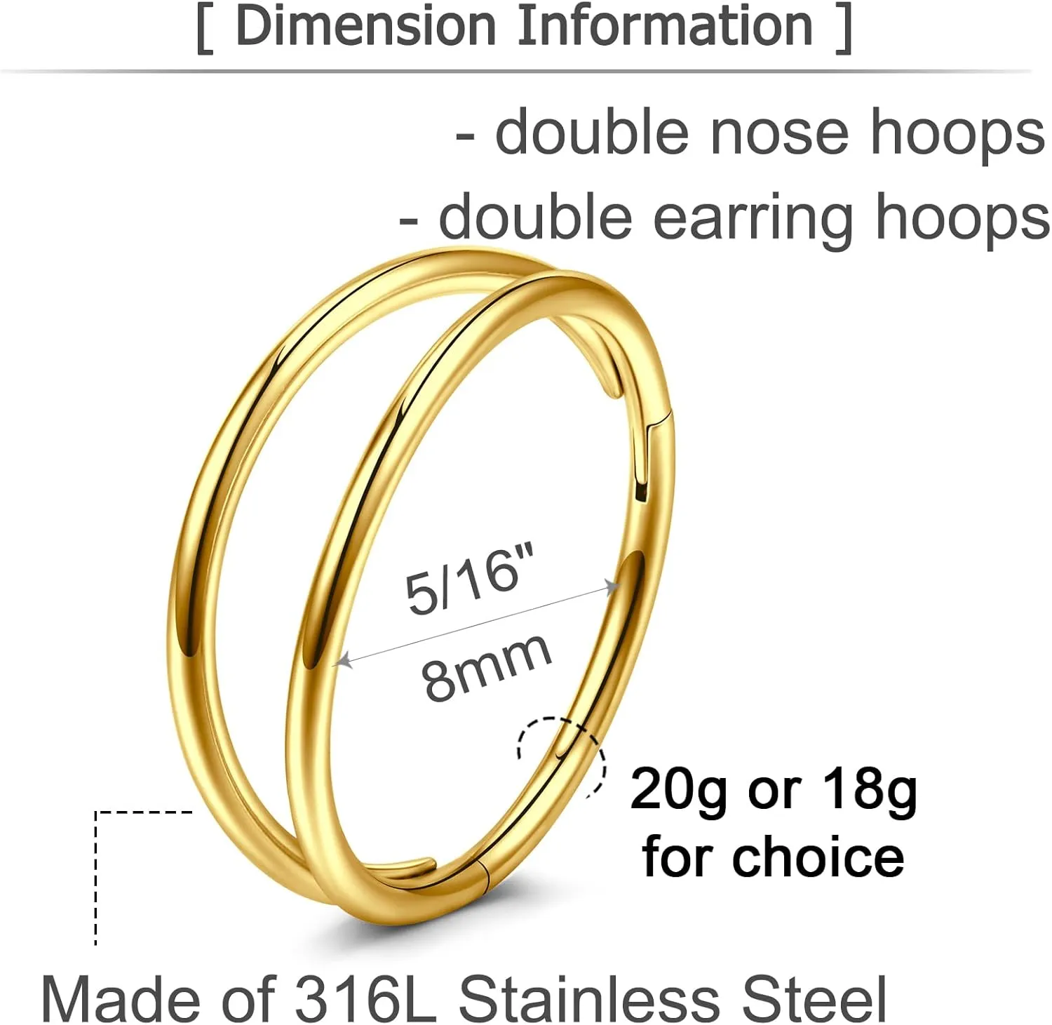 QWALIT Nose Rings - Double Hoop Nose Rings for Single Piercing