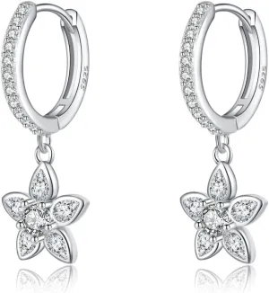 Reffeer Solid 925 Sterling Silver CZ Flower Earrings Dangle for Women Teens Flower Drop Hoop Earrings Huggie