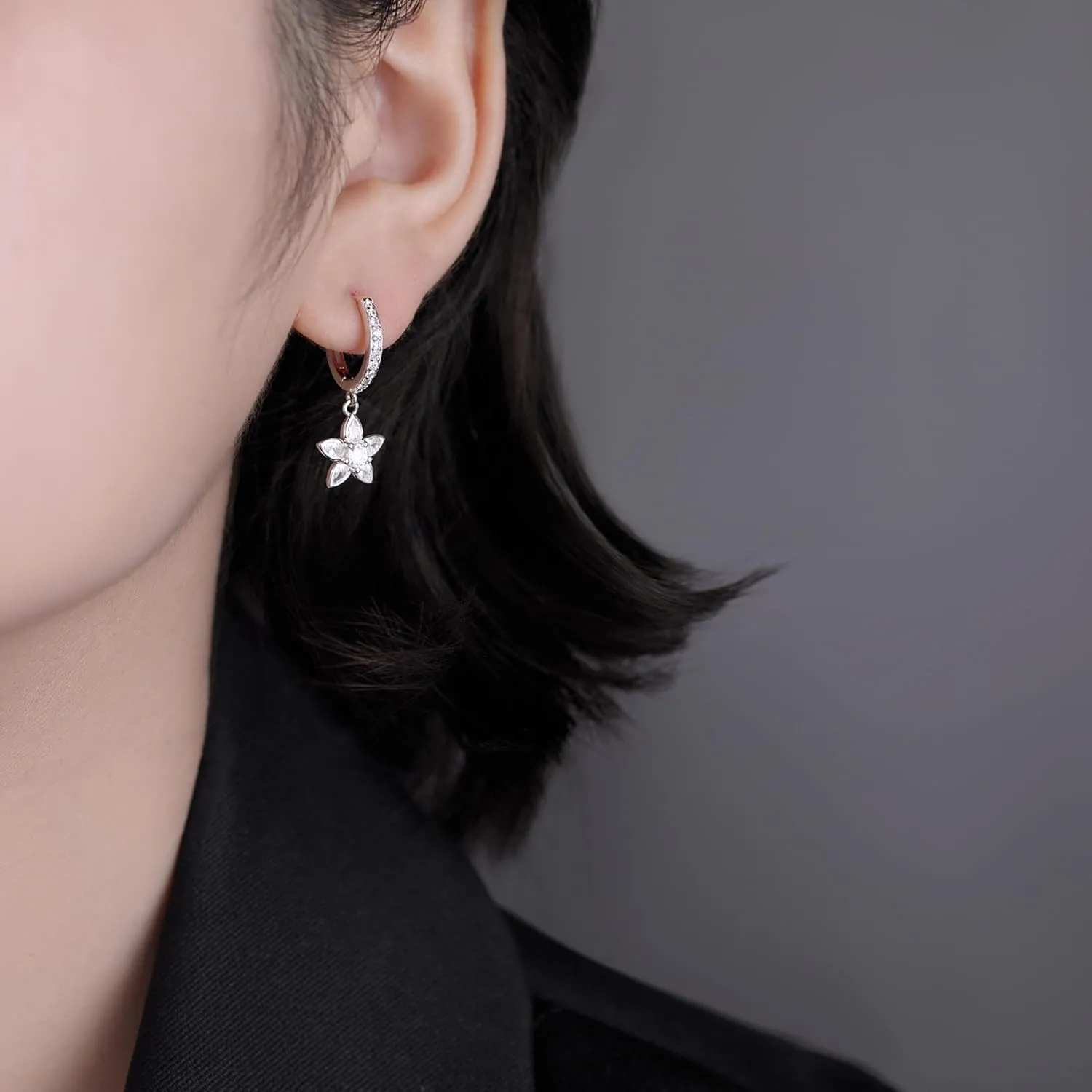 Reffeer Solid 925 Sterling Silver CZ Flower Earrings Dangle for Women Teens Flower Drop Hoop Earrings Huggie