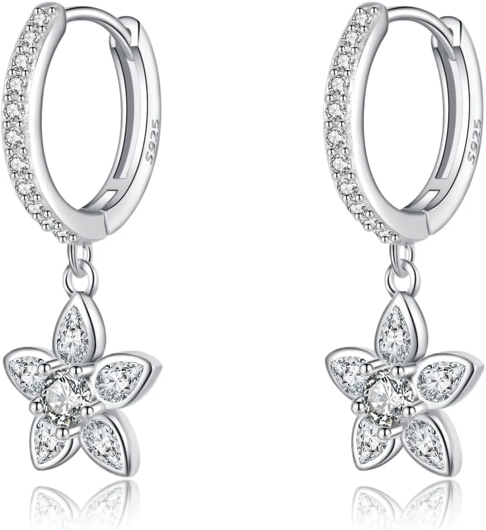 Reffeer Solid 925 Sterling Silver CZ Flower Earrings Dangle for Women Teens Flower Drop Hoop Earrings Huggie