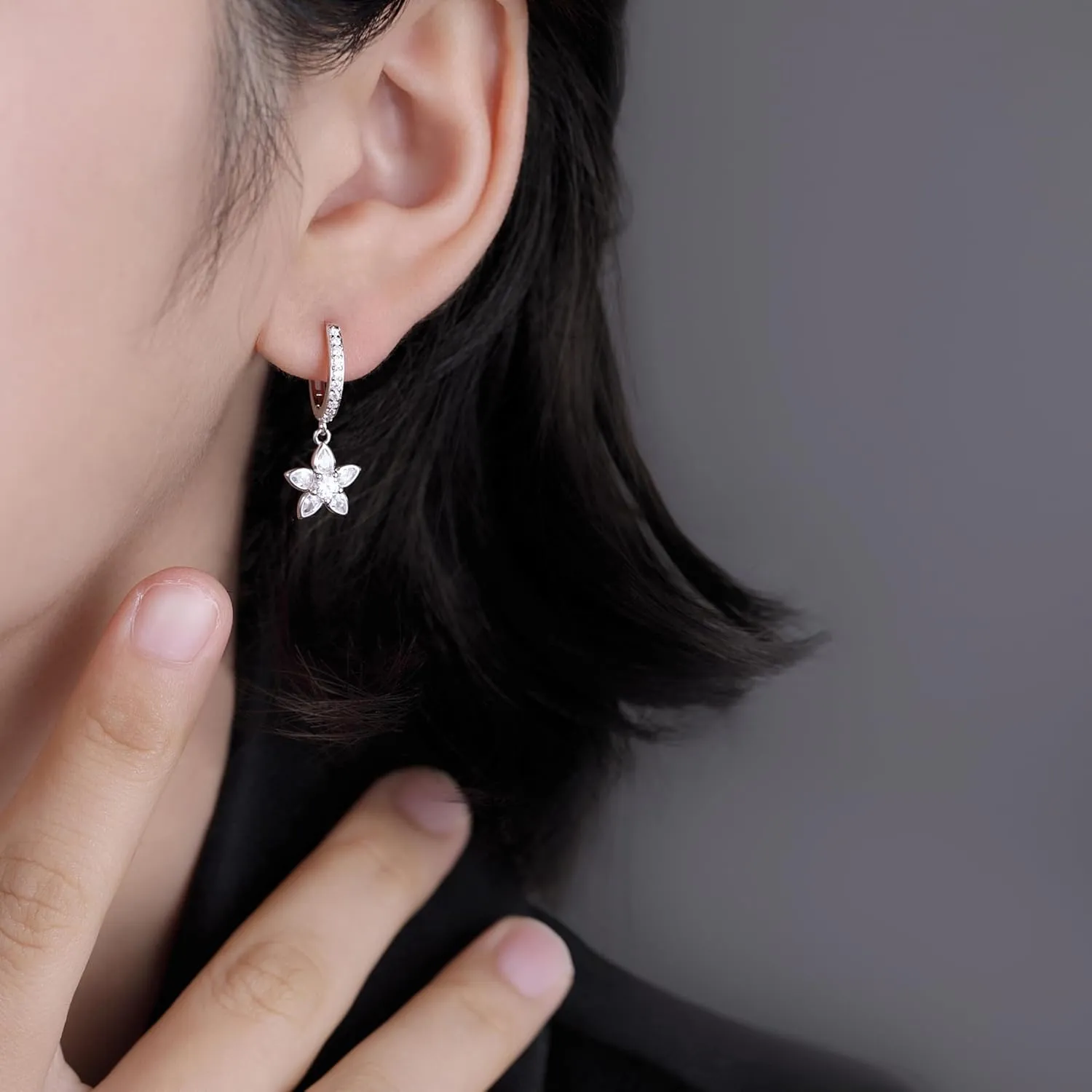 Reffeer Solid 925 Sterling Silver CZ Flower Earrings Dangle for Women Teens Flower Drop Hoop Earrings Huggie