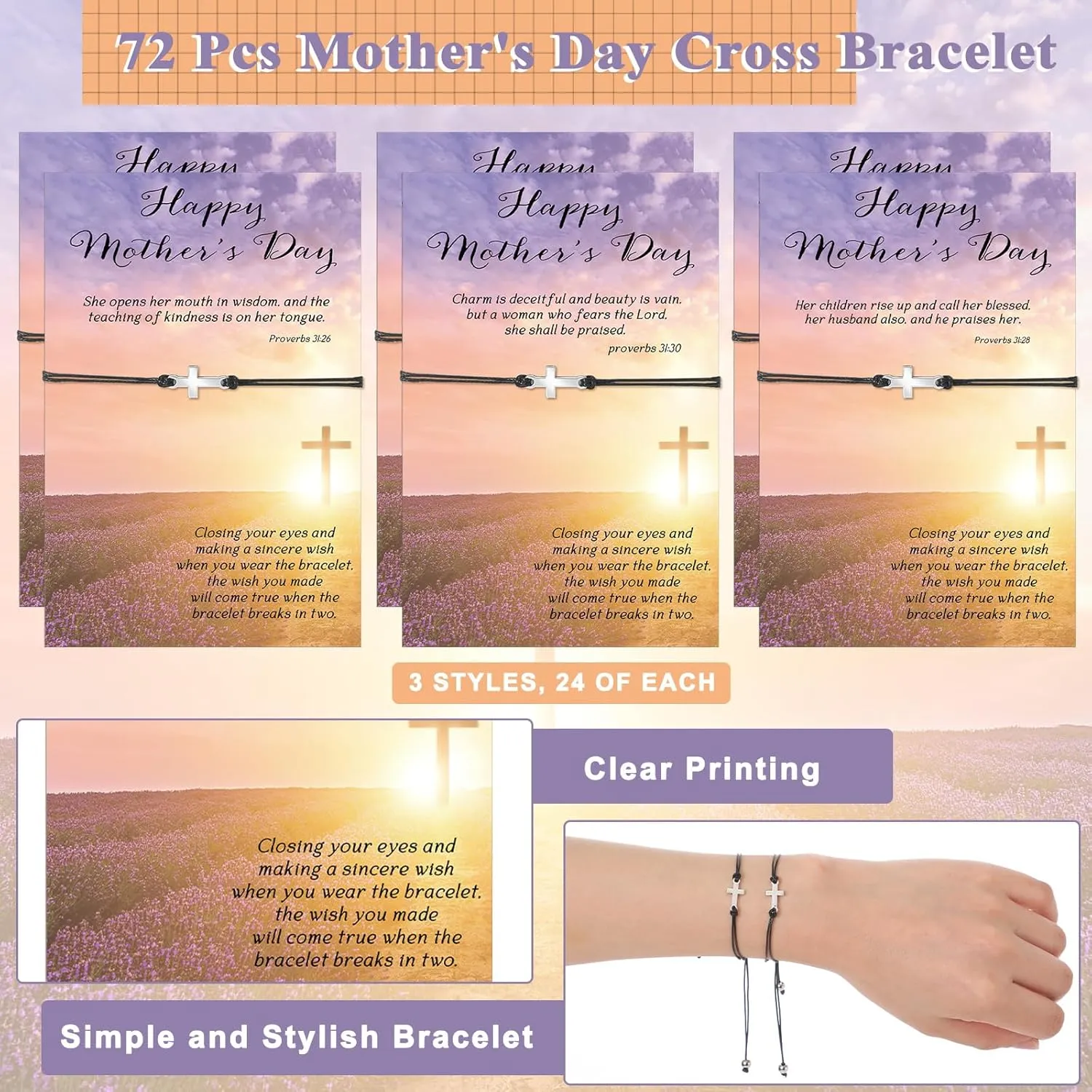 Remuuly Mothers Day Gifts for Church Cross Bracelet Bulk Adjustable Christian Bible Verse Bracelets with Religious Cross Card for Mom