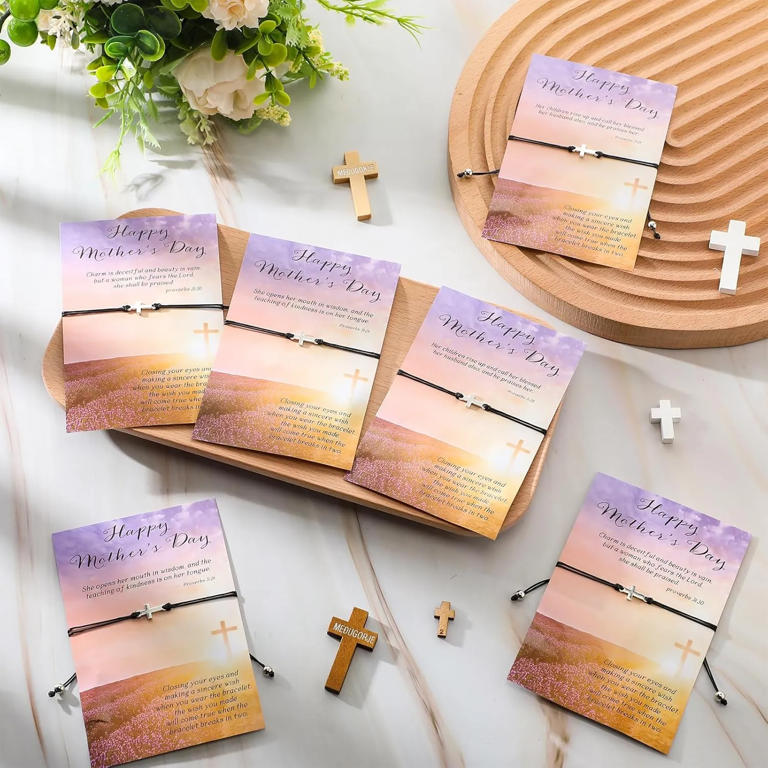 Remuuly Mothers Day Gifts for Church Cross Bracelet Bulk Adjustable Christian Bible Verse Bracelets with Religious Cross Card for Mom