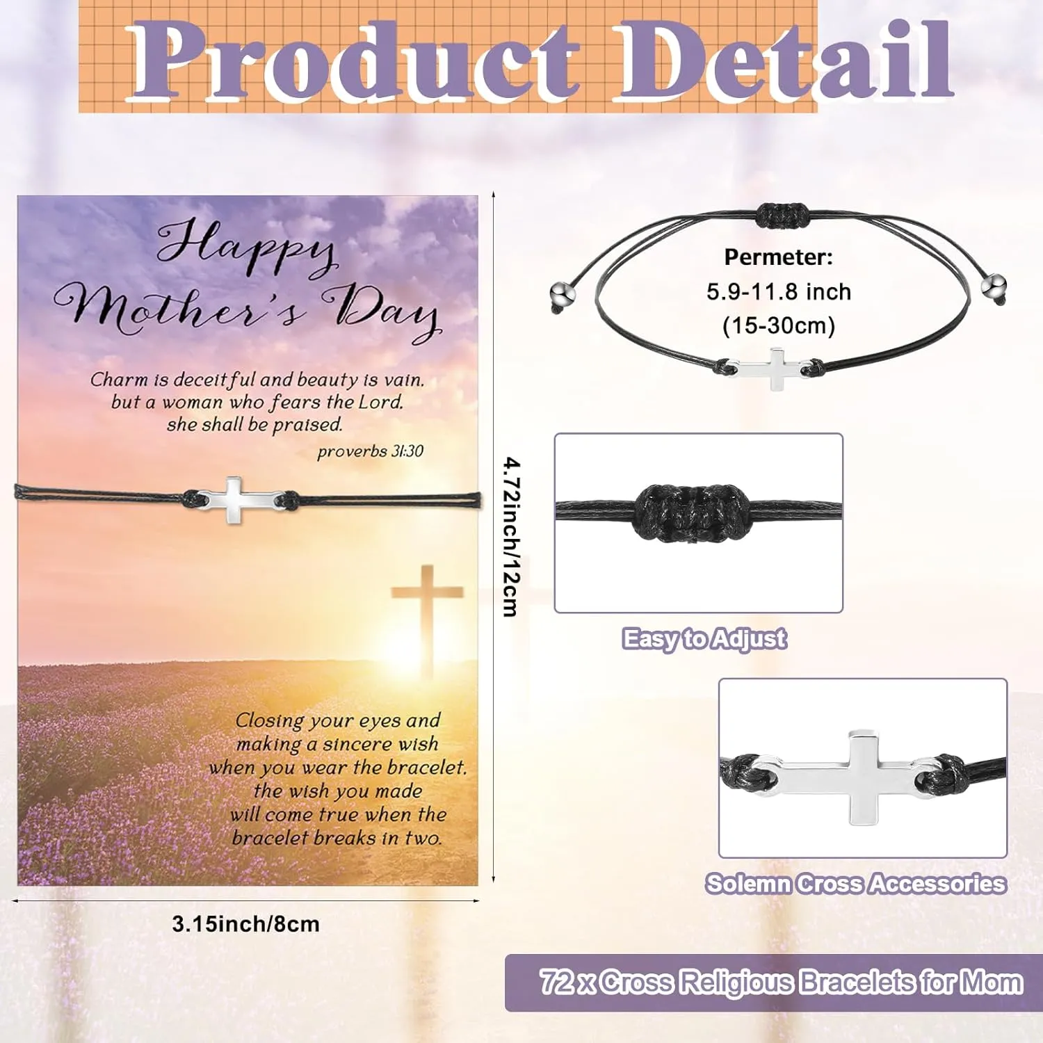 Remuuly Mothers Day Gifts for Church Cross Bracelet Bulk Adjustable Christian Bible Verse Bracelets with Religious Cross Card for Mom