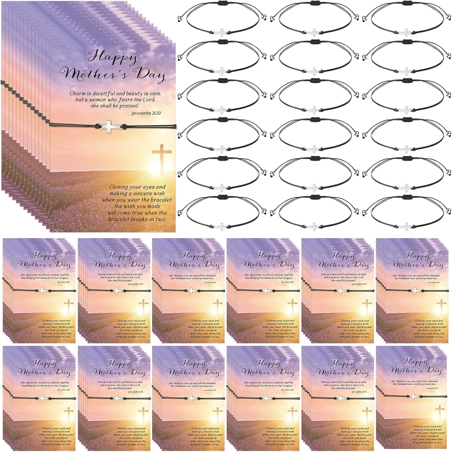 Remuuly Mothers Day Gifts for Church Cross Bracelet Bulk Adjustable Christian Bible Verse Bracelets with Religious Cross Card for Mom