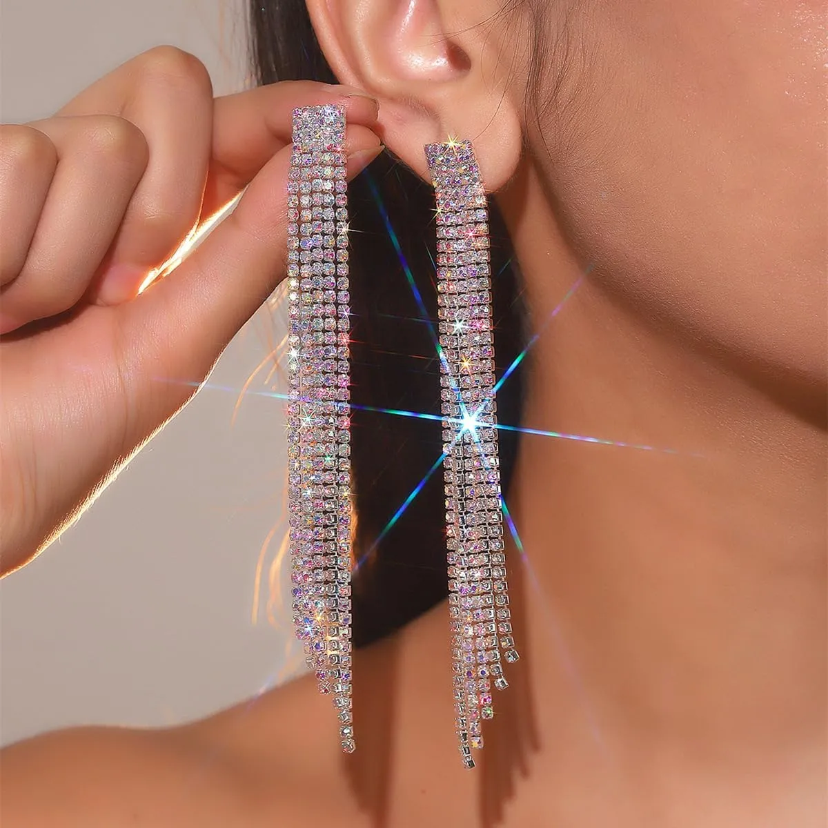 Rhinestone Tassel Earrings Sparkly Long Fringe Crystal Chandelier Dangle Drop Earrings Wedding Party Prom Earrings Premium Iridescent Earrings Wedding Party Jewelry Gifts for Women
